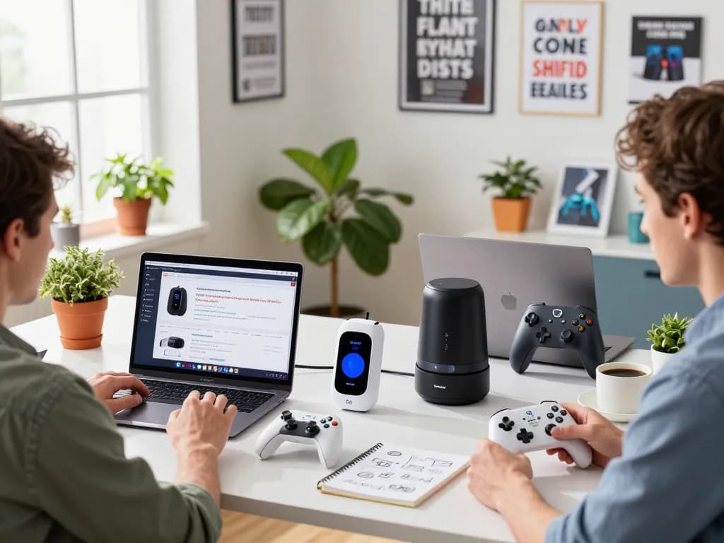 Tech enthusiast exploring unique tech gadgets in a modern workspace with gaming controllers and smart devices.