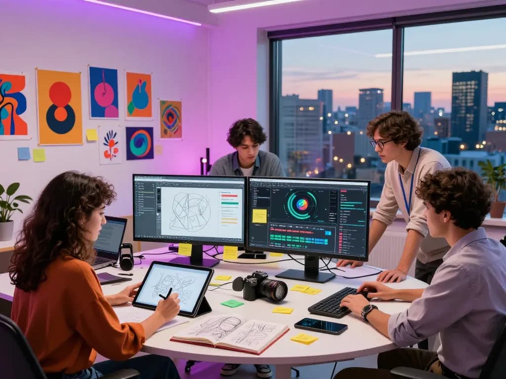 Creative digital studio team collaborating on ai nsfw artwork, showcasing vibrant designs and modern technology.