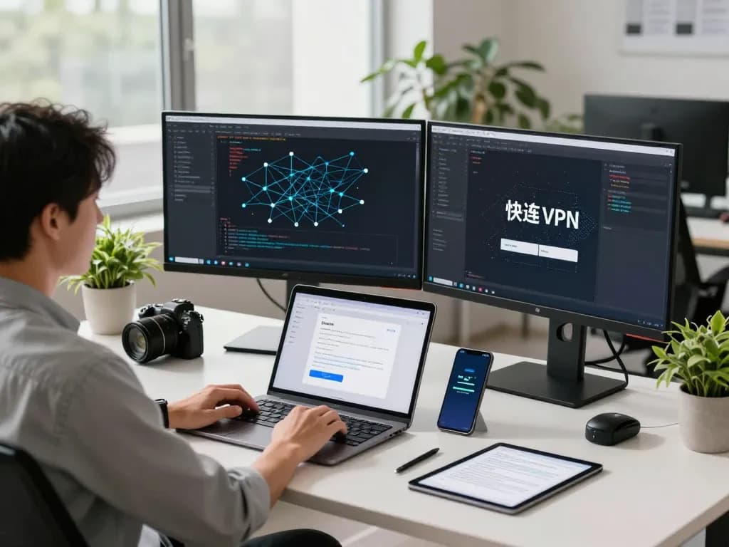 快连 VPN安装指南，展示现代工作空间中的编码界面和科技小玩意。