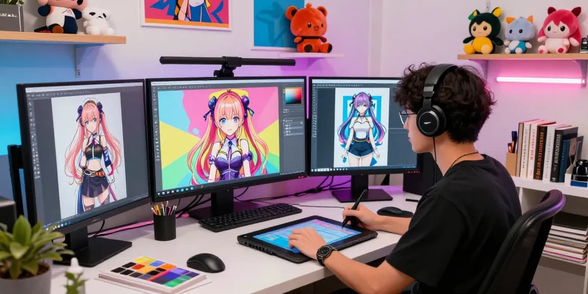 Creative artist using AI ecchi design tools in a modern studio environment.