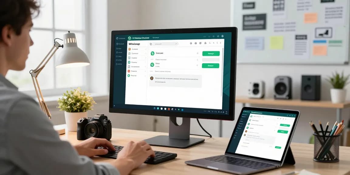 Individual using WhatsApp電腦版 on a modern workspace setup with tech accessories.