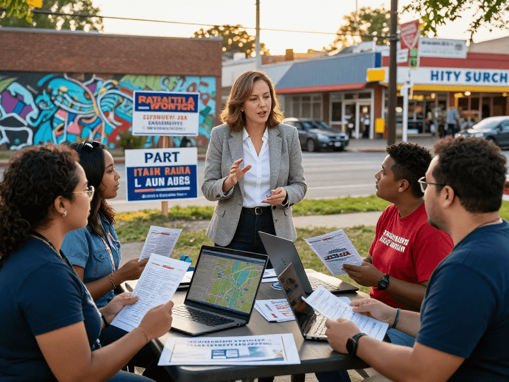 Dynamic campaign consultant strategizing with volunteers during a political campaign.