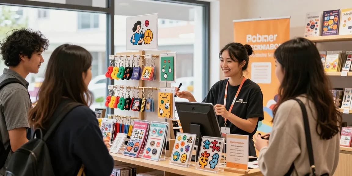 Engaging shopping experience with custom acrylic standees on display in a vibrant retail setting.
