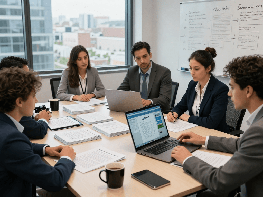 Team collaborating on document fraud detection strategies in a modern office environment.