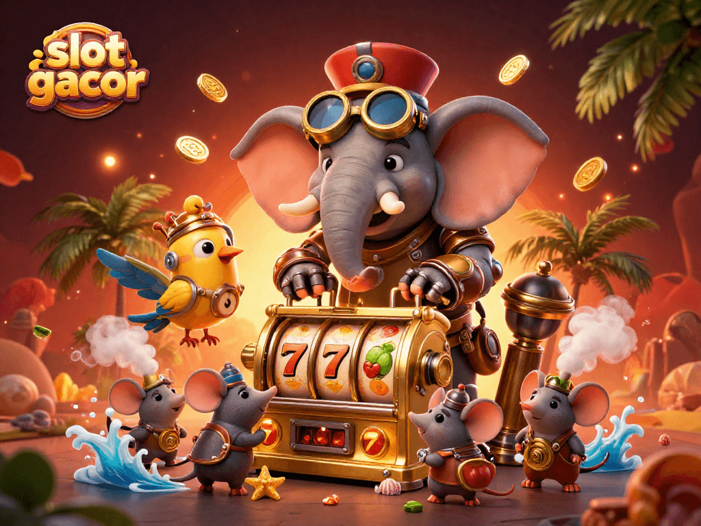 Spin the exciting slot gacor reels with animated steampunk characters in a vibrant casino scene.