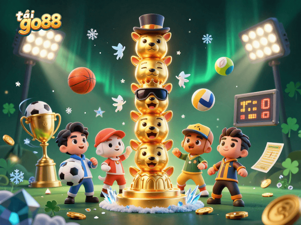 Engage with tải go88 in this dynamic 3D casino illustration featuring vibrant sports and gambling elements.