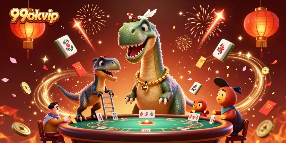 Experience the thrill at 99okvip with a captivating scene of a giant brontosaurus overseeing a vibrant poker game.