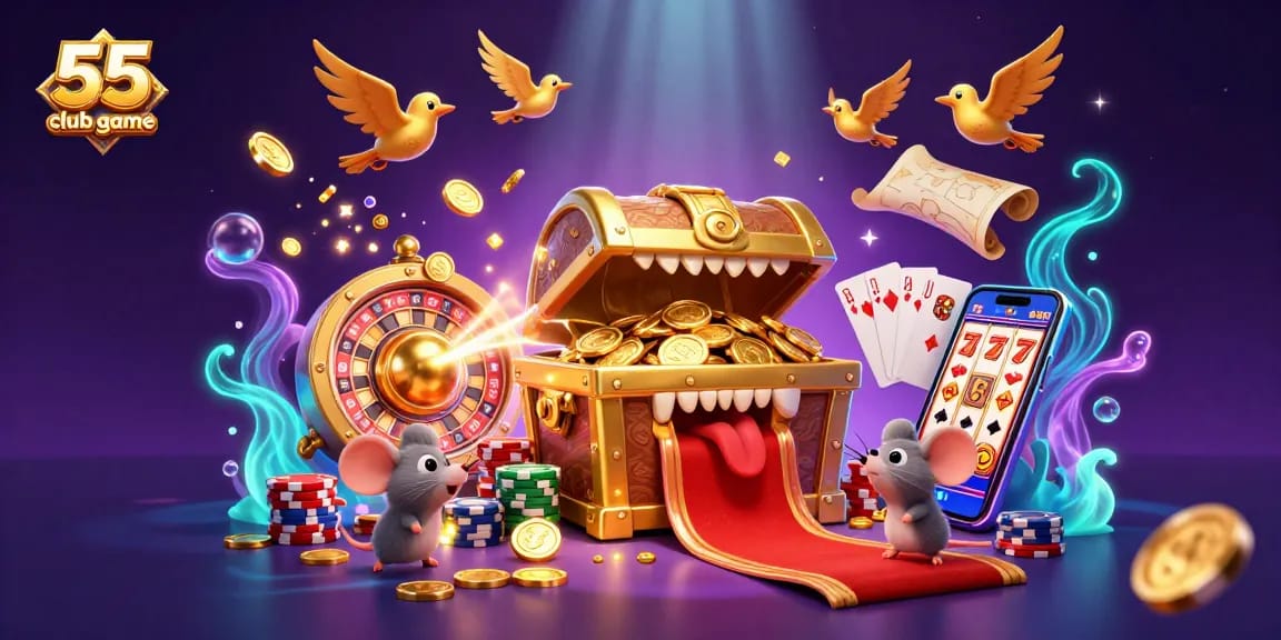 Action-packed scene from 55 club game showcasing a treasure chest and casino elements in a vibrant 3D digital art.