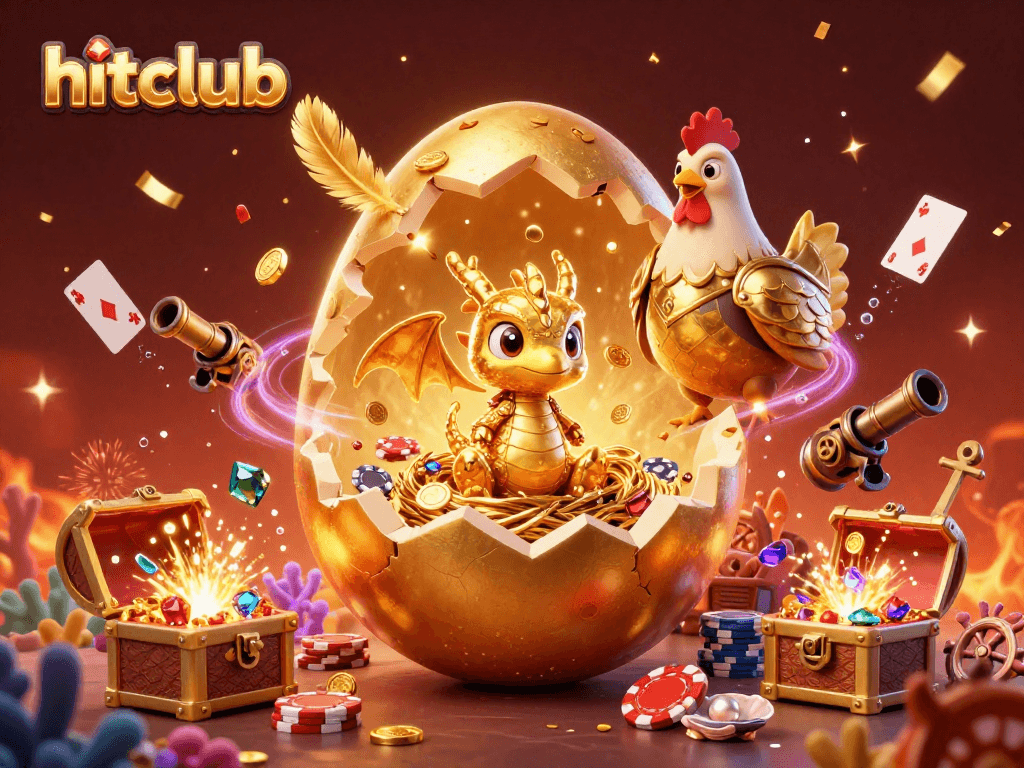 Hitclub's stunning 3D illustration depicts a golden dragon amid poker chips, gold coins, and festive elements.