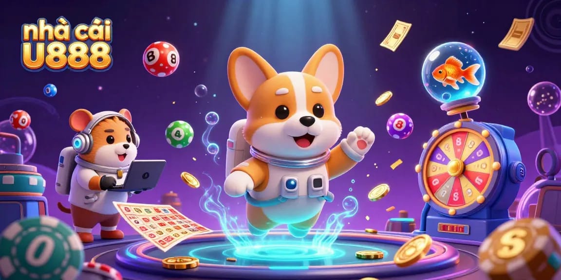 Experience the thrill of nhà cái u888 as a floating corgi wins in a vibrant casino scene.