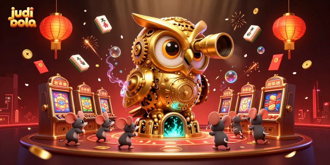 Engage in judi bola with vibrant casino elements in a dynamic illustration of a golden owl overseeing a lively betting floor.