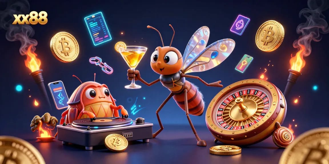 Win at xx88 with a vibrant 3D illustration showcasing a lively casino atmosphere full of exciting elements.
