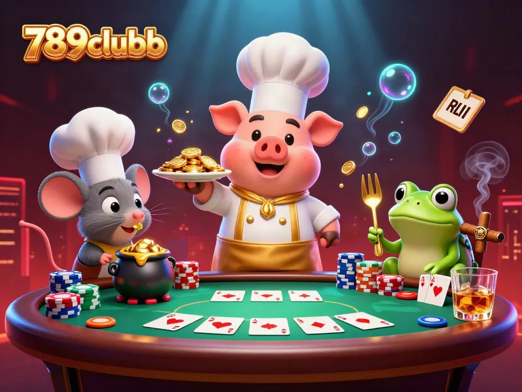Join the fun at 789clubb with a delightful chef pig serving golden coins and poker excitement.