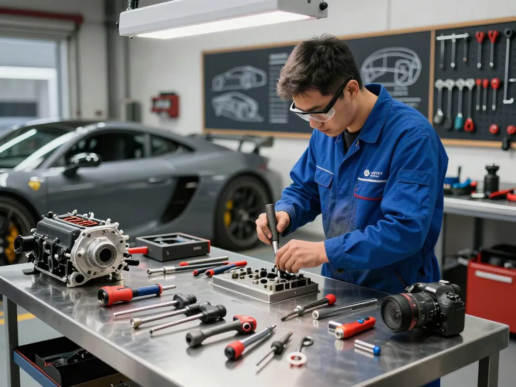 Mechanic using hazet tools in a well-lit automotive workshop with sports car