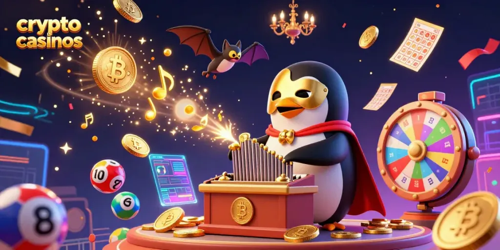 Engage with the vibrant world of crypto casinos featuring a penguin playing an organ with Bitcoin and Ethereum coins.
