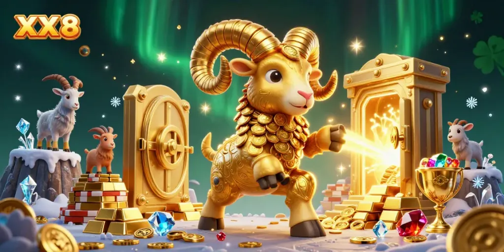 Experience winning moments in XX 8 with an adventurous ram charging against golden treasure, packed with excitement.