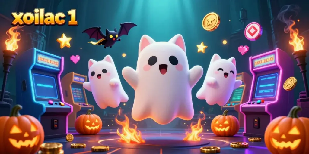 Experience the vibrant excitement of xoilac 1 with a lively 3D illustration of a ghost cat and bat in a haunted casino.