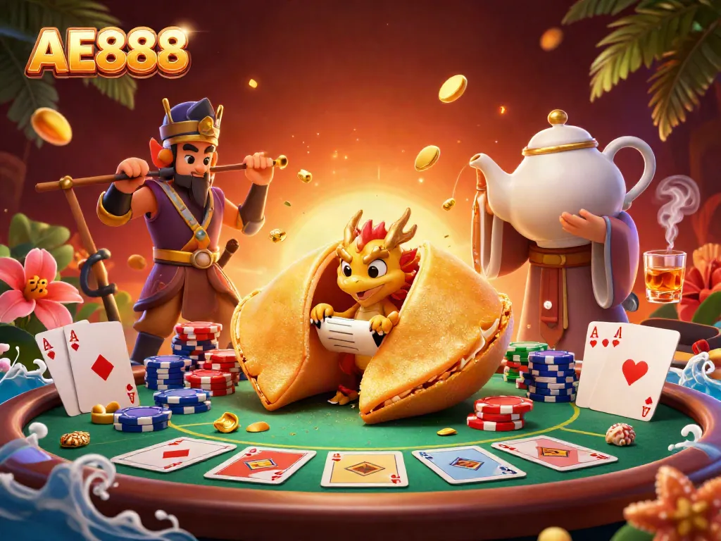 Engage with AE888's dynamic casino scene featuring golden treasures and poker elements.