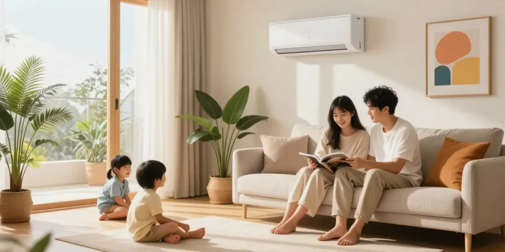 Family relaxing indoors with ductless air conditioner mini cooling the room.