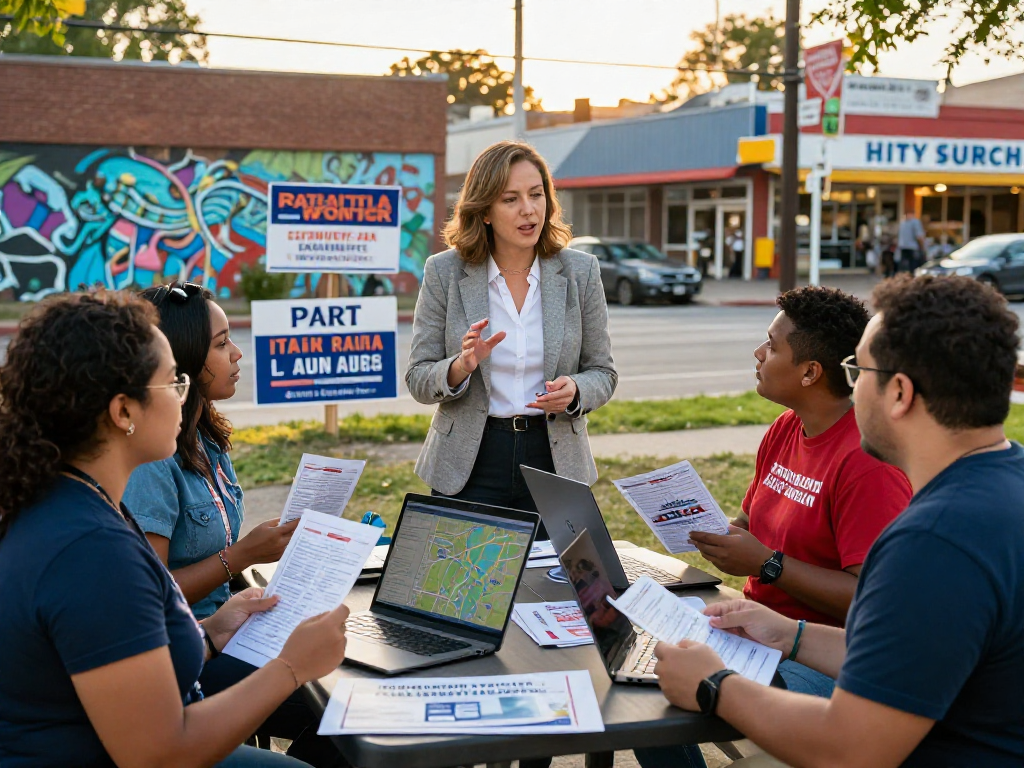 Dynamic campaign consultant strategizing with volunteers during a political campaign.