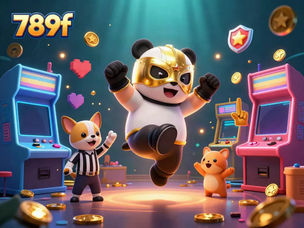 Join the action at 789f with a panda wrestler and chihuahua referee in an animated casino scene.
