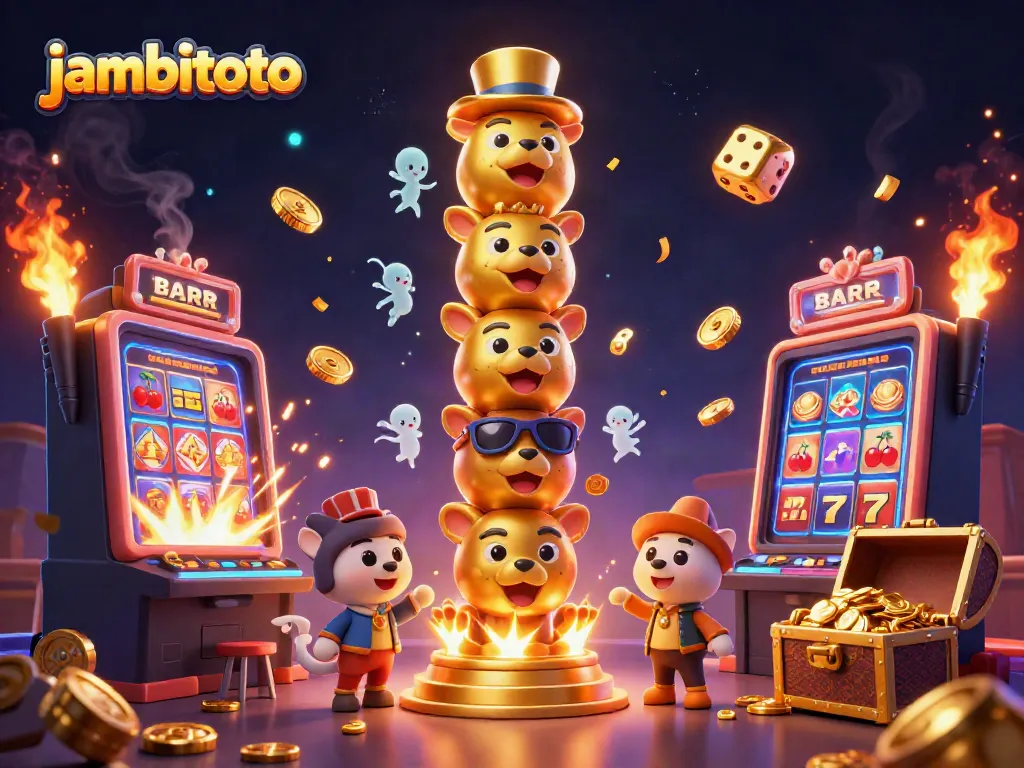 Engage with Jambitoto's vibrant casino scene featuring a golden totem pole, slots, and treasure burst.