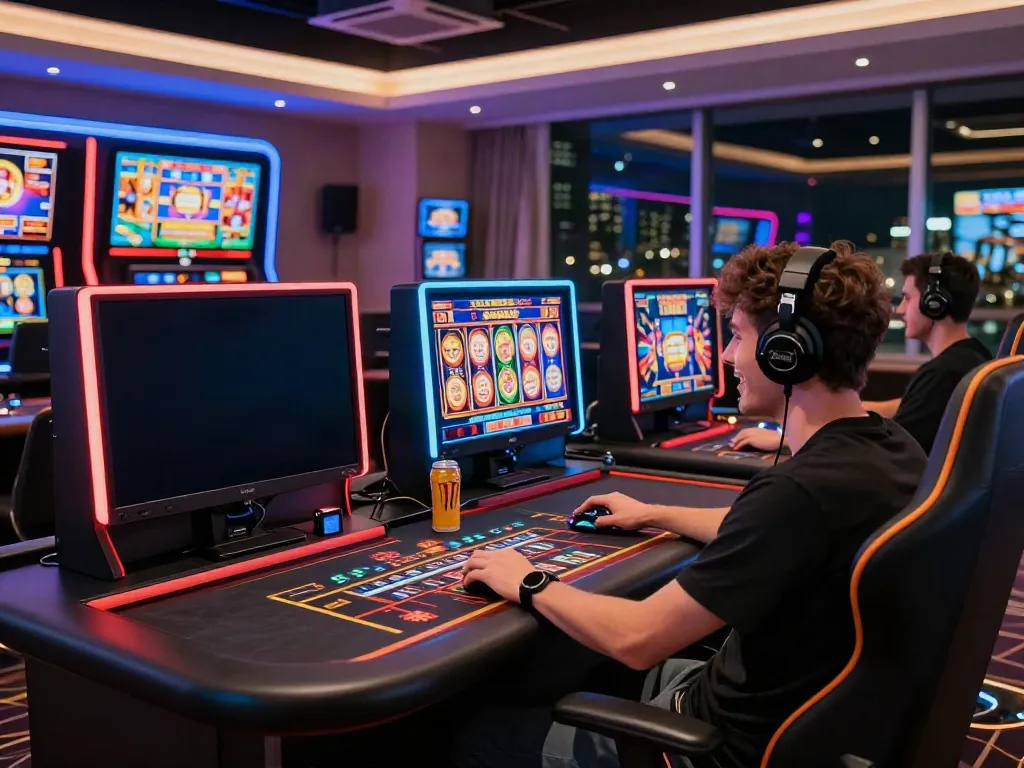 Engaged gamer on https://nbet.page/ playing live casino games in a vibrant room with multiple screens.