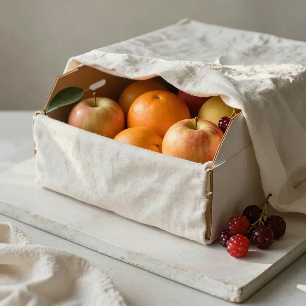 Seasonal fruit box wrapped in linen with apples, oranges and berries on pale plaster.
