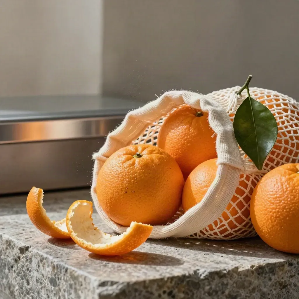 Oranges in a mesh sack with curled peel on stone, lit warmly, rich texture.