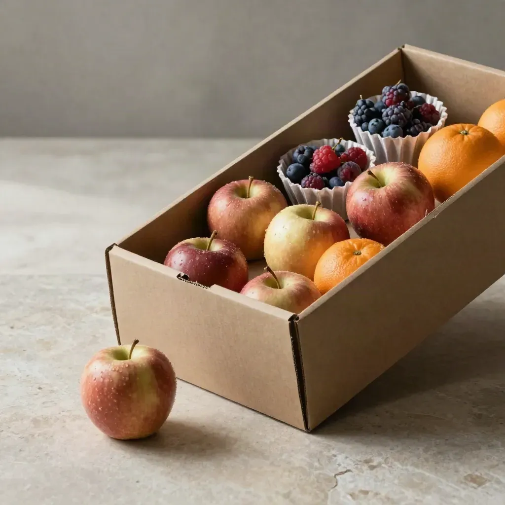 Open fruit box skidding diagonally with apples, oranges, berries and torn kraft sleeve on pale stone.