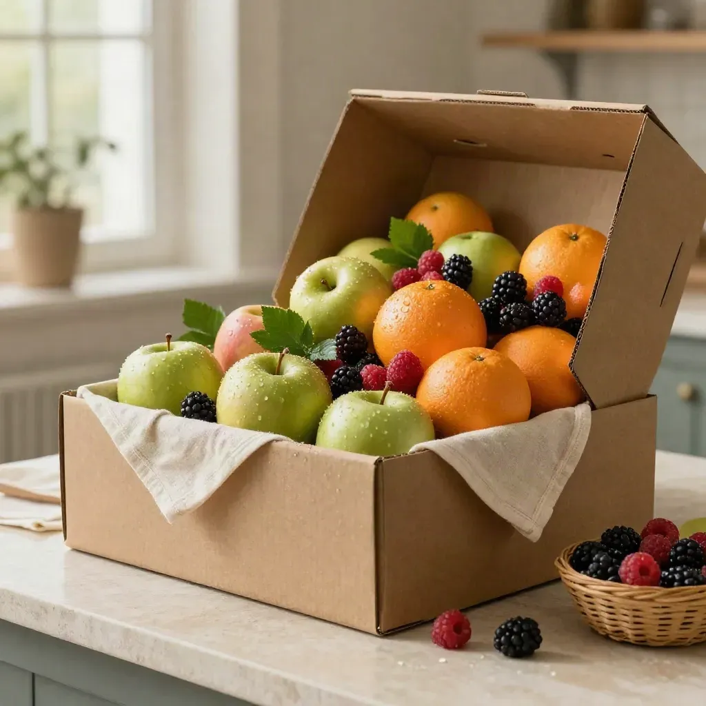 Open fruit box with apples, oranges and berries on a pale stone counter, soft daylight
