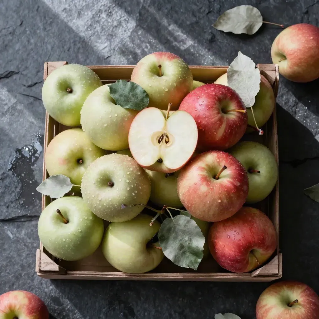 Overhead flatlay of honeycrisp apples in a shallow crate on wet stone with leaf sprigs.