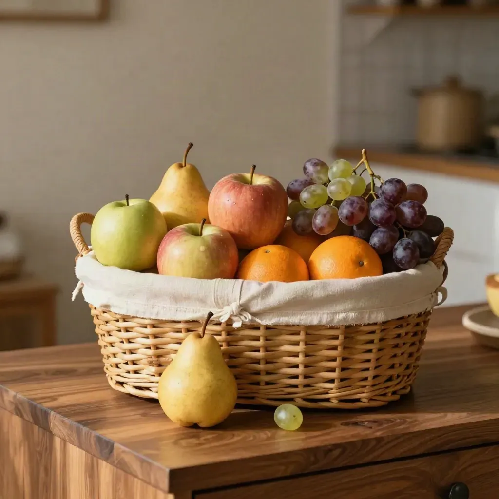 Woven fruit gift basket with apples, pears, oranges, and grapes on a walnut sideboard.