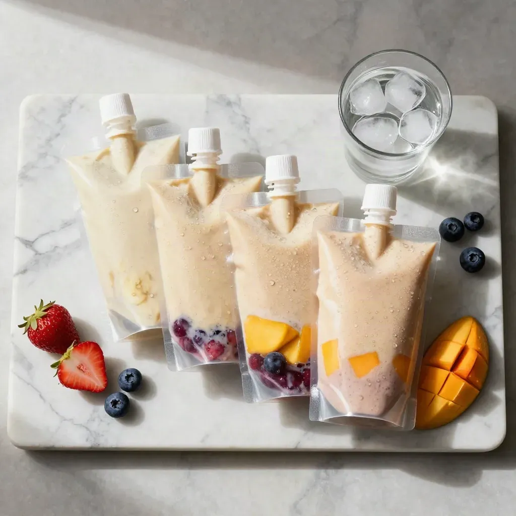 Overhead smoothie pouches with ice, berries, banana and mango on cold marble.