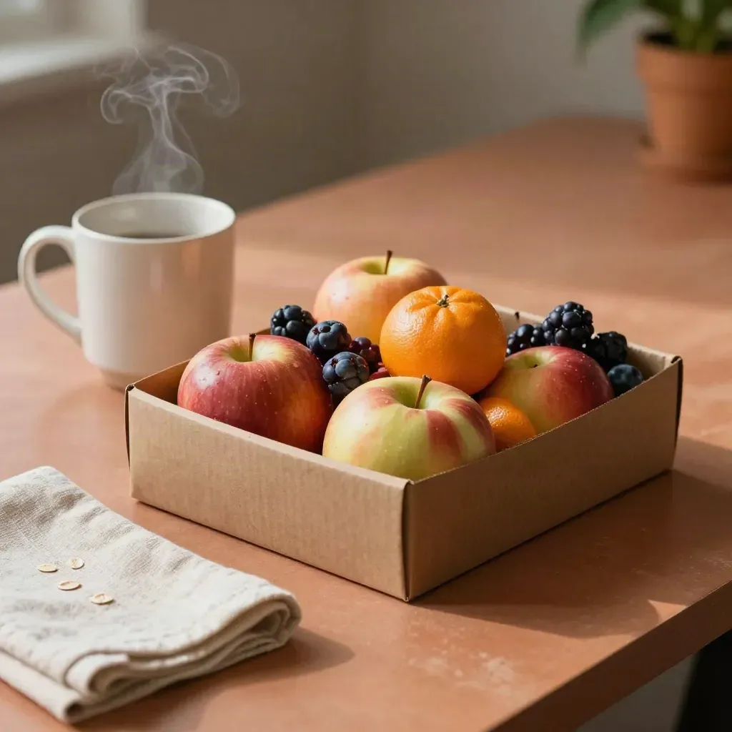 Office snack box with apples, clementines, berries, mug, and linen napkin on terracotta counter.