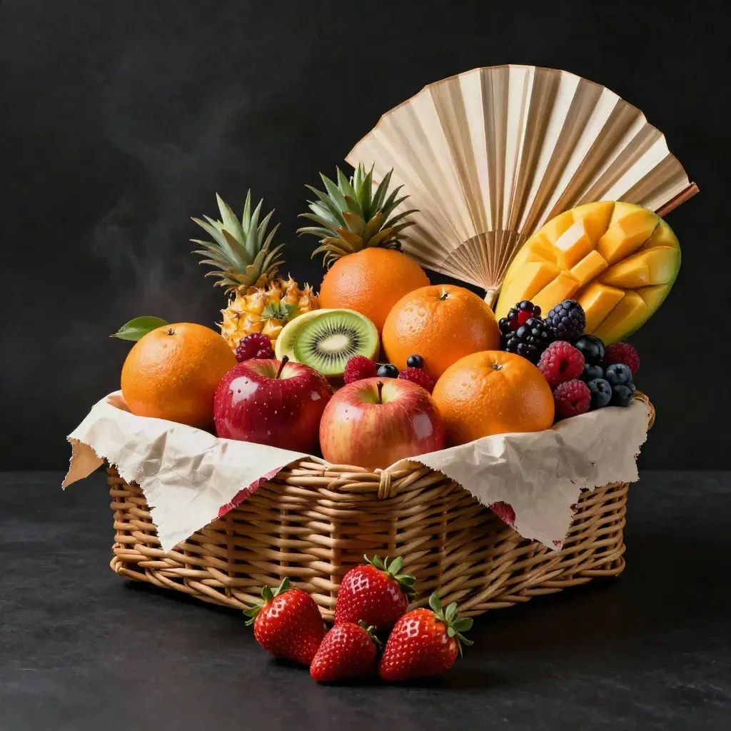 Open mixed fruit boxes, gift basket, and snack pack bursting with fresh fruit.