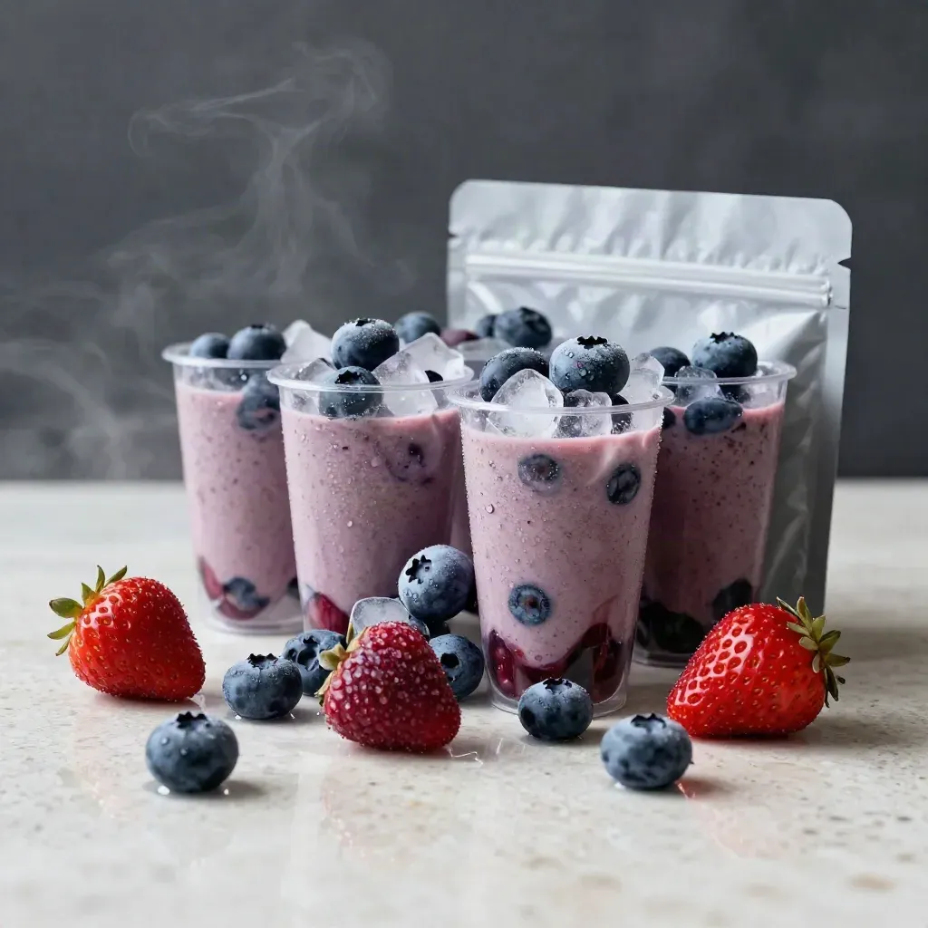 Six berry smoothie pouches with frosted berries and ice on pale travertine, angled in dramatic light