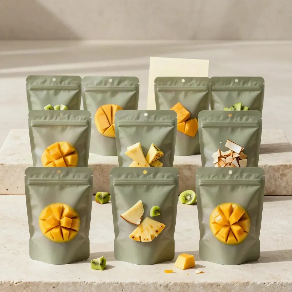 Overhead flatlay of ten tropical snack mix packs with dried fruit pieces on pale stone.