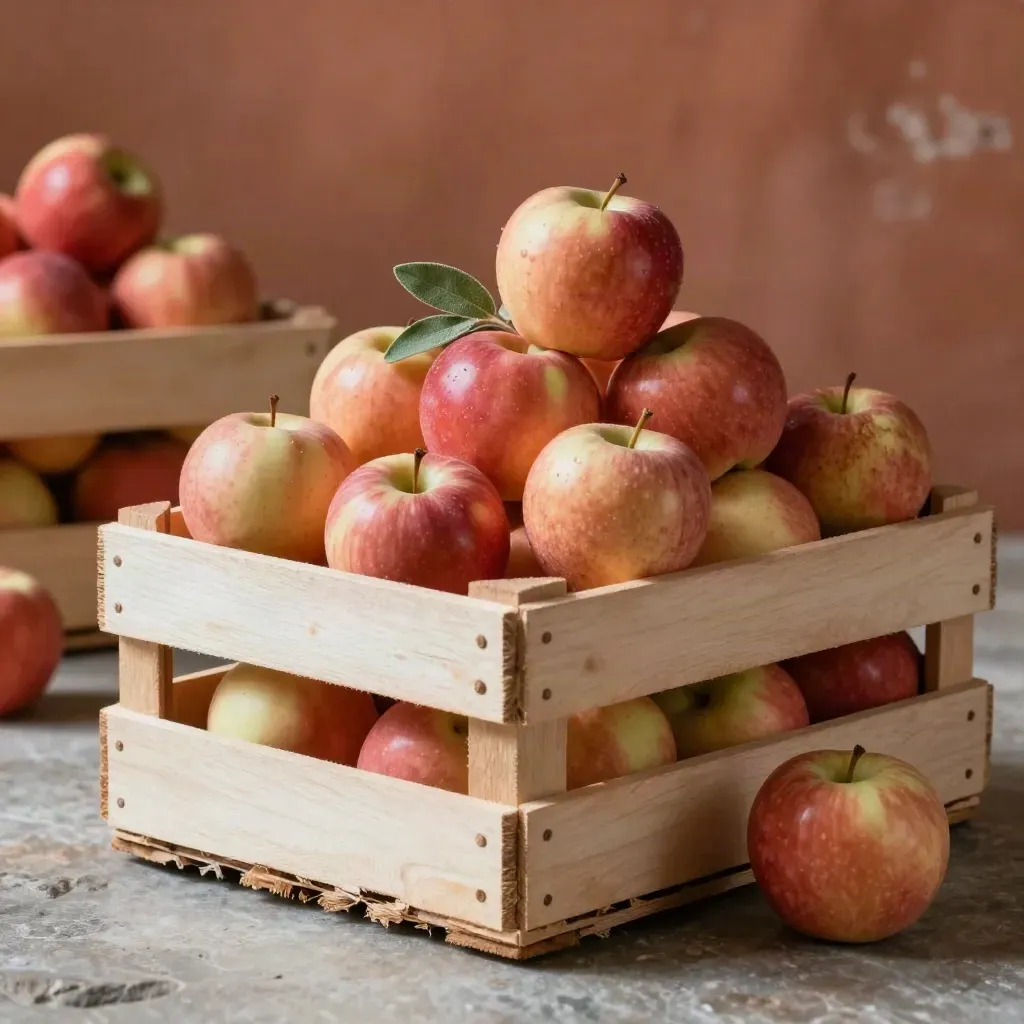 Rustic apple crate stacked with 18 apples, one perched on top, in a cool cellar glow.