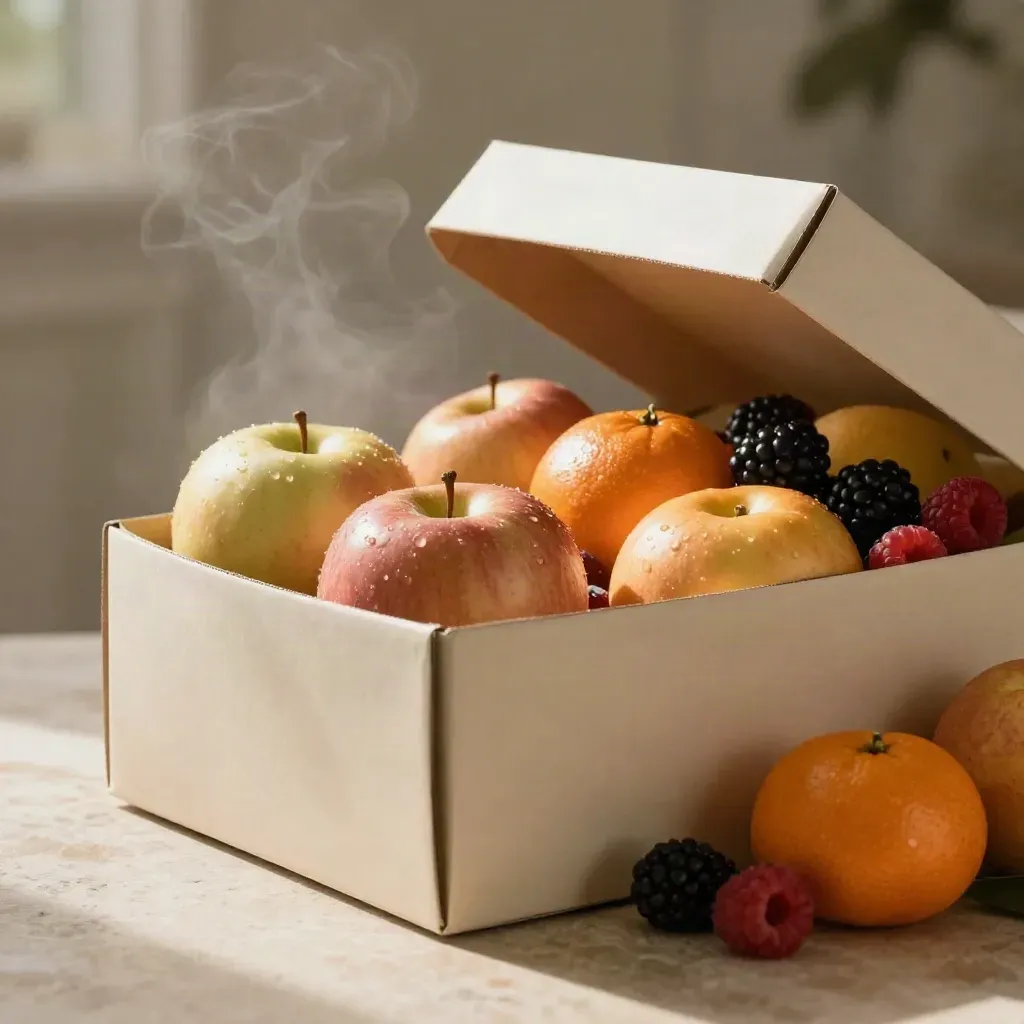 Opened family fruit box with apples, oranges and berries on a cream studio surface.