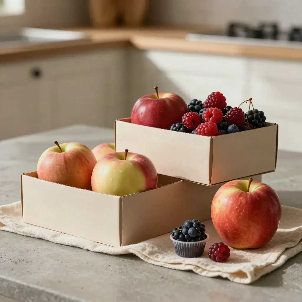 Two apple and berry boxes on a linen runner beside a berry cup in a bright kitchen.