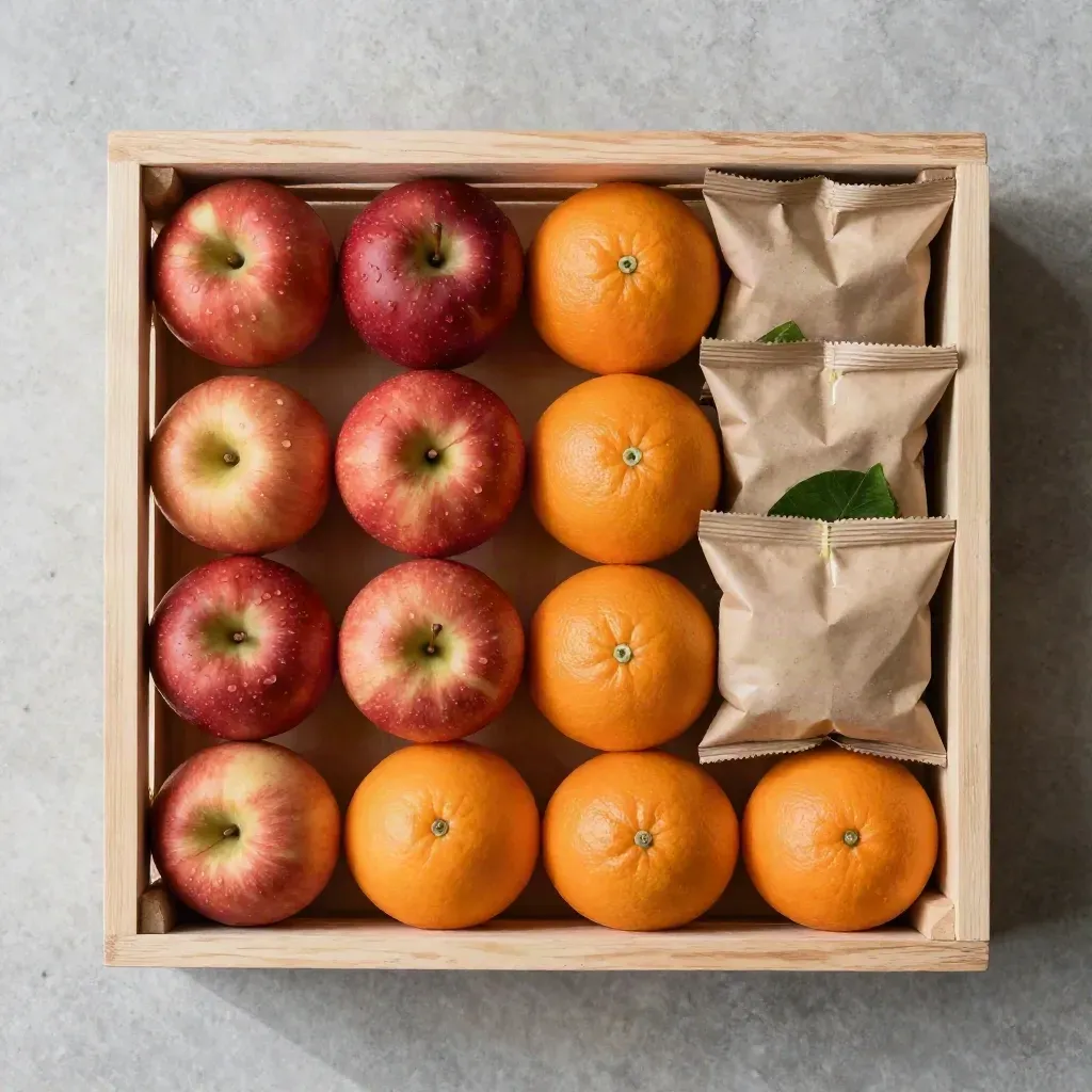 Overhead fruit crate flatlay with apples, oranges and snack packs on pale stone.