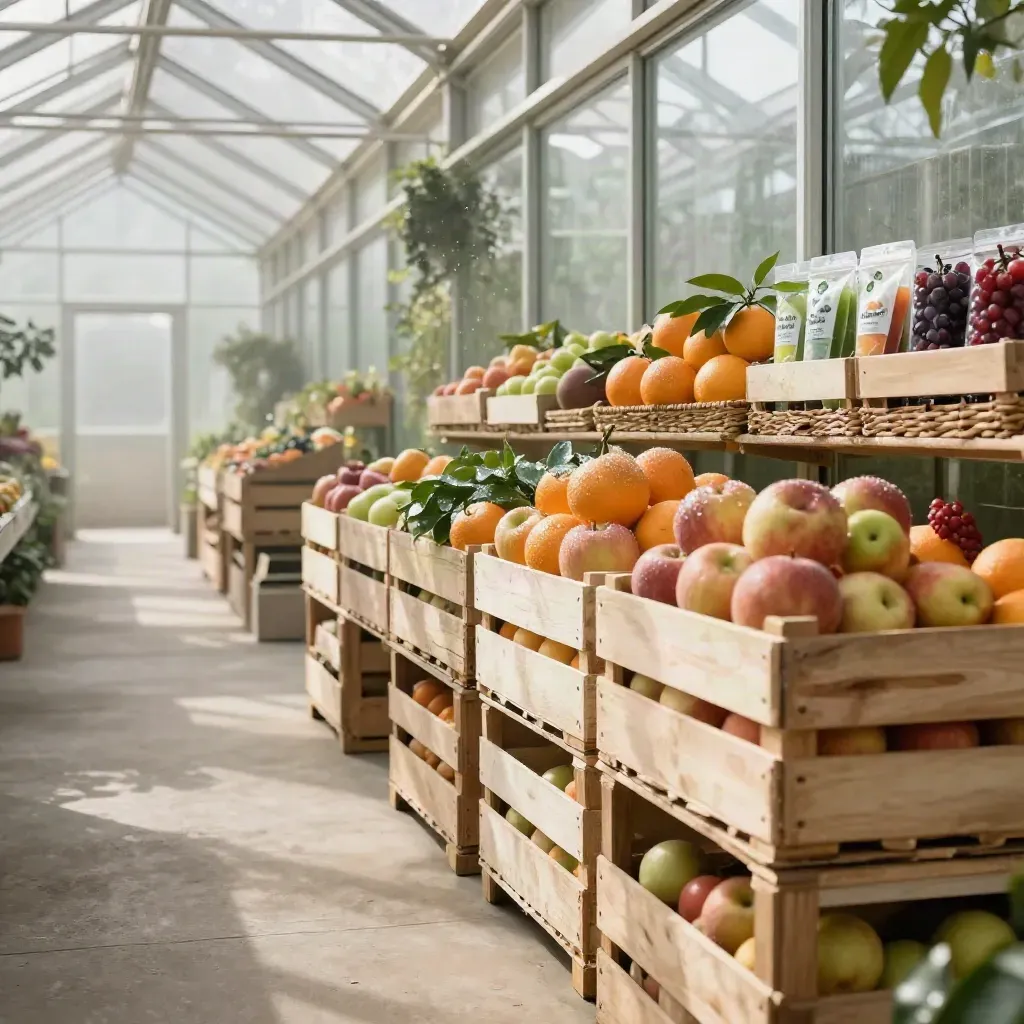 Sunlit greenhouse corridor with fruit crates, mist, and open concrete floor for copy