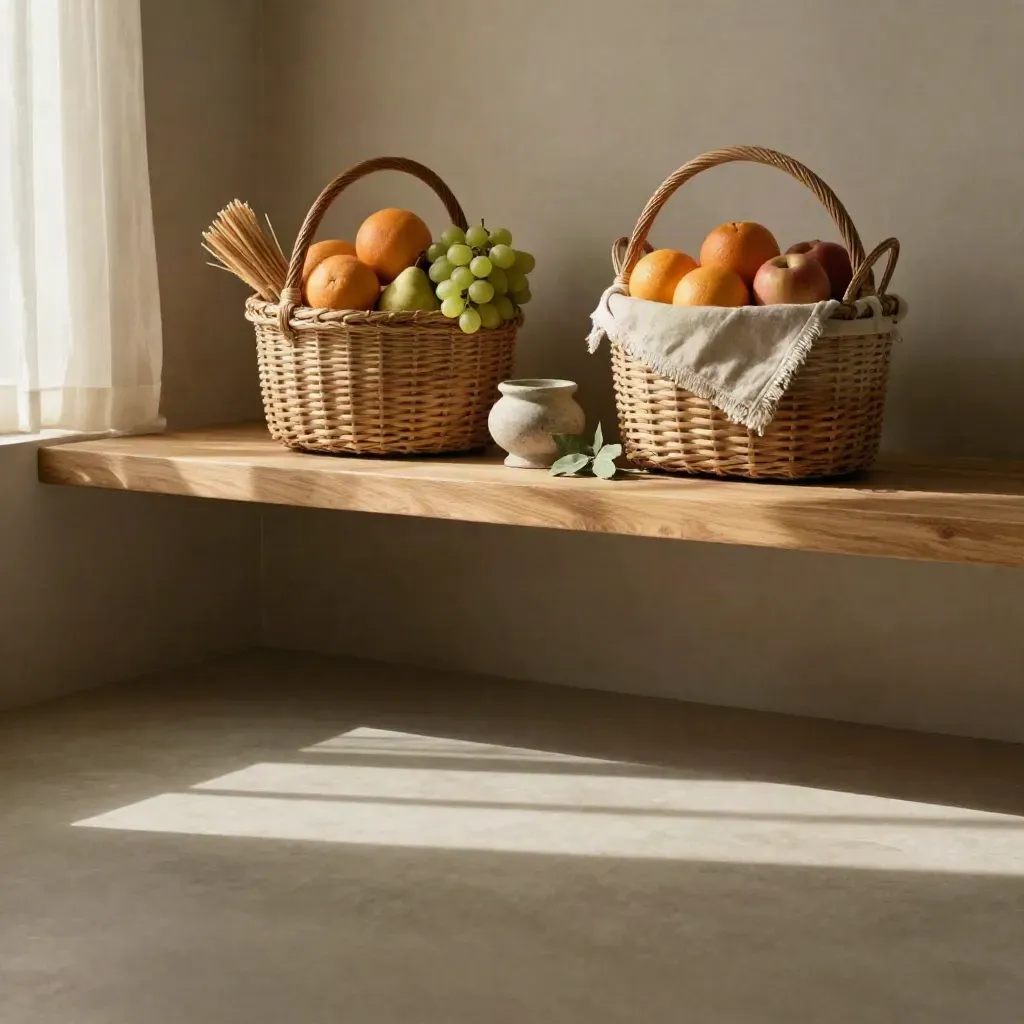 Warm pantry with woven fruit baskets on a high shelf, sunlit plaster and open floor below.