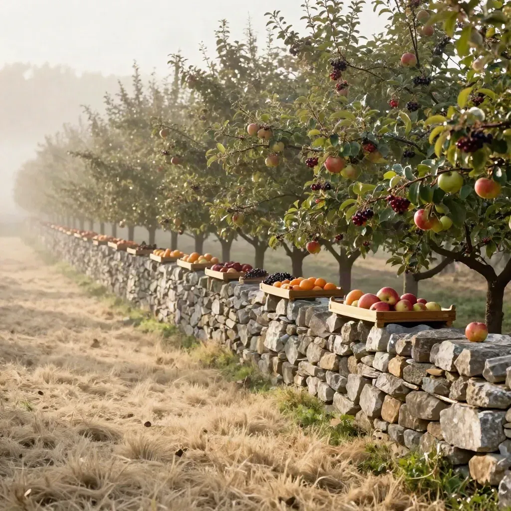 Misty orchard terrace with fruit trays on a stone wall and calm foggy foreground.