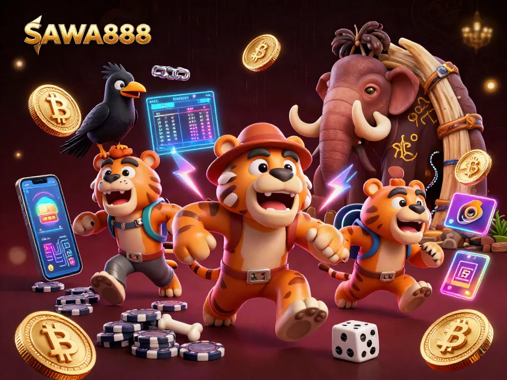 Experience thrilling gameplay with SAWA888 in a vibrant prehistoric casino scene.