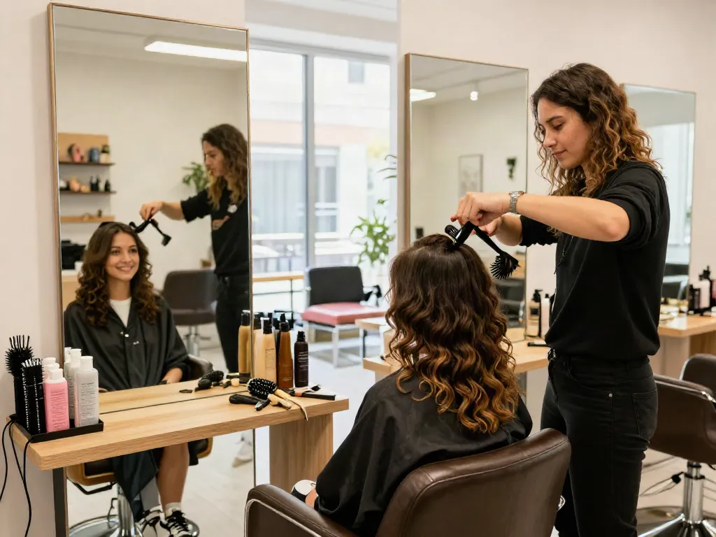 Stylist applying curly clip in hair extensions in a bright salon, showcasing transformation.