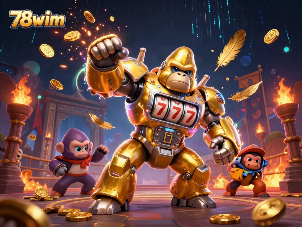 Experience the thrill of 78wim with a golden gorilla mech celebrating jackpot wins!
