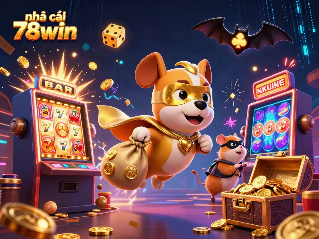 Experience the thrill of nhà cái 78win with a superhero dog flying amidst casino elements and gold coins.