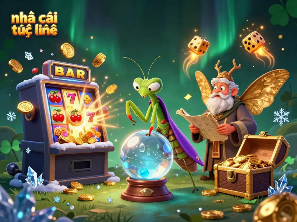 Engage with nhà cái trực tuyến through a colorful 3D casino scene showcasing fortune tellers, slot machines, and magical elements.